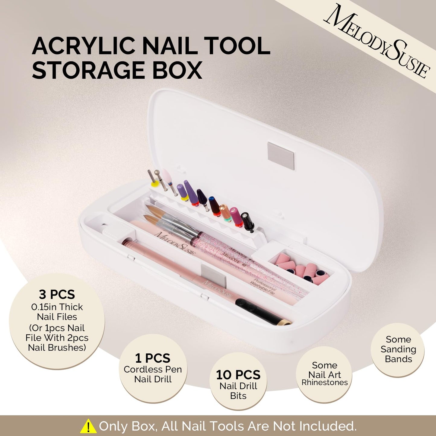 MelodySusie Acrylic Nail Tool Storage Box, Portable Dustproof Stand Displayer Holder Organizer Container Manicure Efile Accessories Nail Drill Kit Case, Travel Salon Home, White(Only Box)