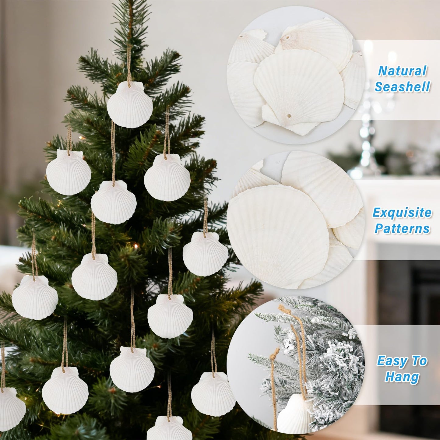 16PCS Natural Sea Shells 2.5"-3.5" Perforation Scallop Shells with Rope,for Christmas Tree Ornaments & DIY Hanging Home Deocration Craft Shells