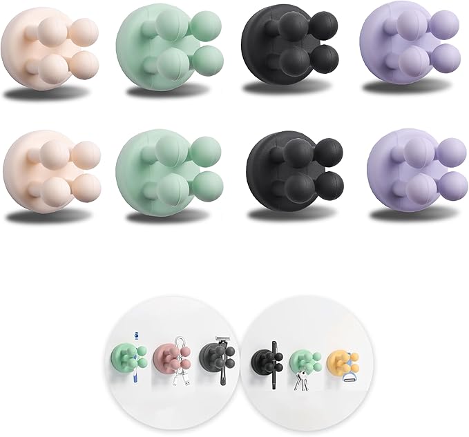 8Pcs Silicone Toothbrush Holders for Bathrooms,Waterproof Self Adhesive Multifunctional Hook for Hanging Towel Key Plug Cable for Bathroom Kitchen Living Room Office BlackPurpleWhiteGreen