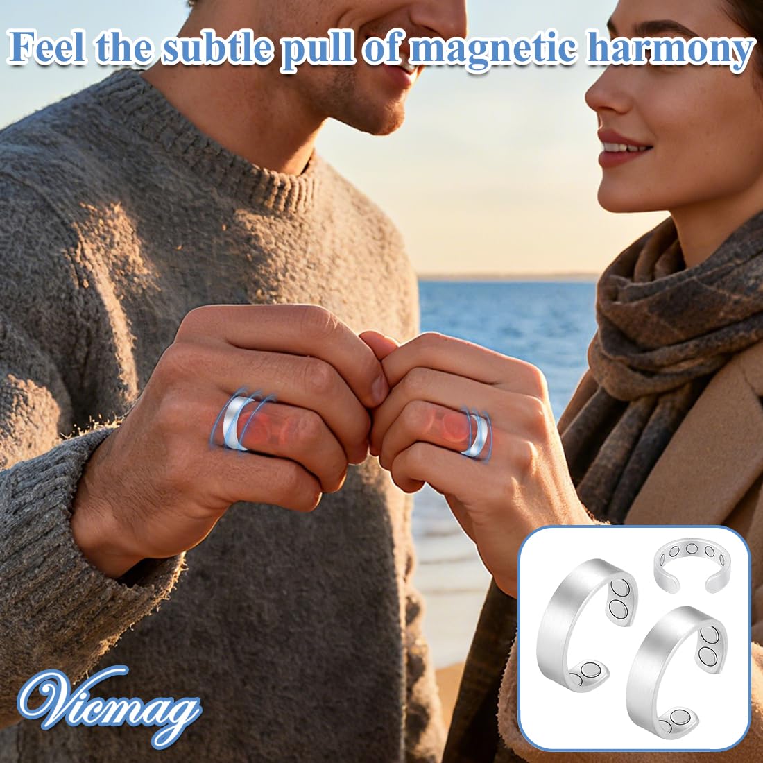 Vicmag 2PCS Magnetic Copper Rings for Women & Men,99.99% Pure Copper Ring with 9X Magnets Gift Adjustable(9X Silver)