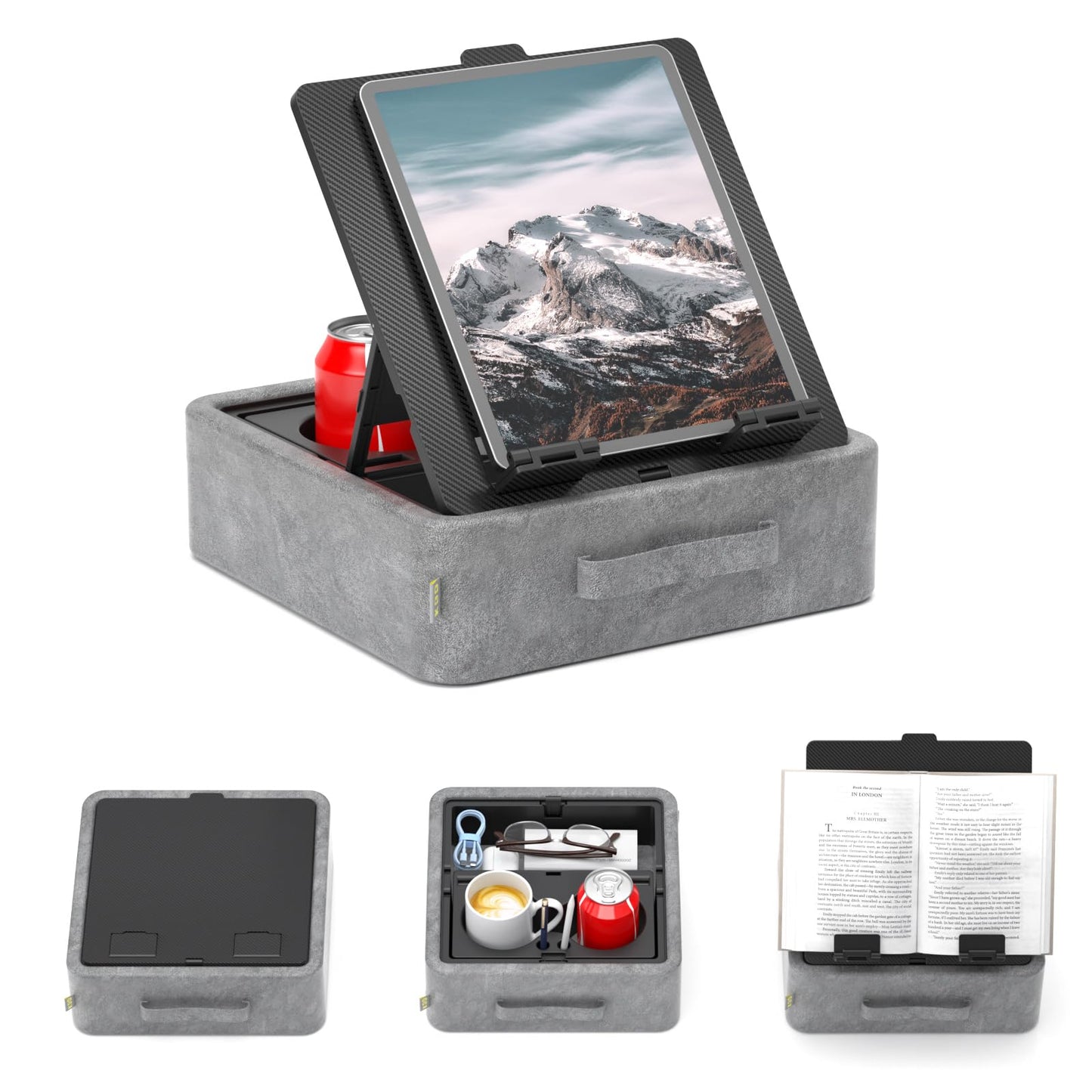 KDD 5 in 1 Tablet Pillow Holder, Foldable Book Stand for Reading with Storage Tray, Pen Slot and 2 Cup Holders, Adjustable iPad Stand for Lap, Bed, Desk and Couch Compatible with Tablet and Book