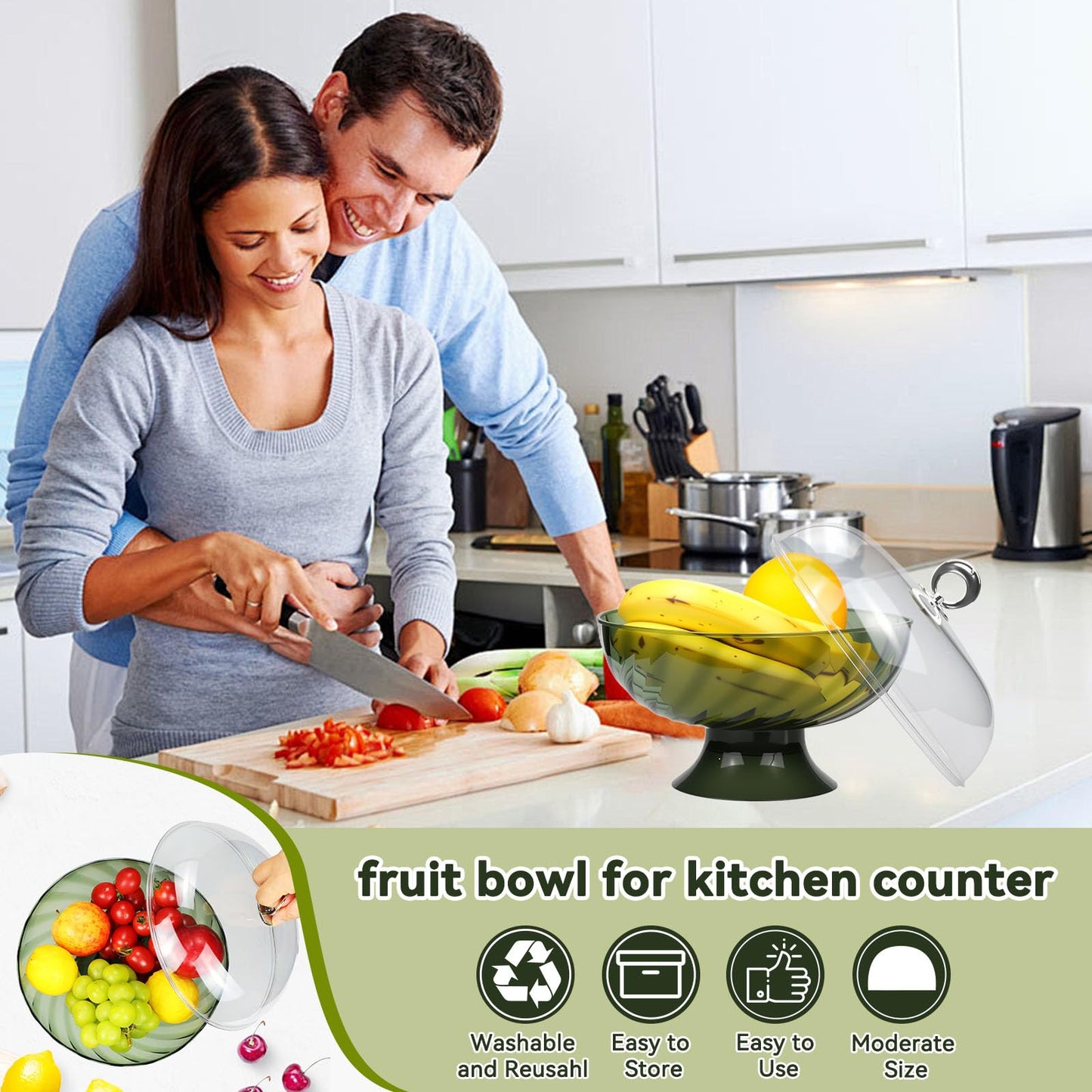 Fruit bowl with lid & Basket - Fruit Fly Proof Kitchen Counter Storage for Fruits & Veggies, Plastic Decorative fruit baske with Draining Holes & Handle (green 1Pcs)