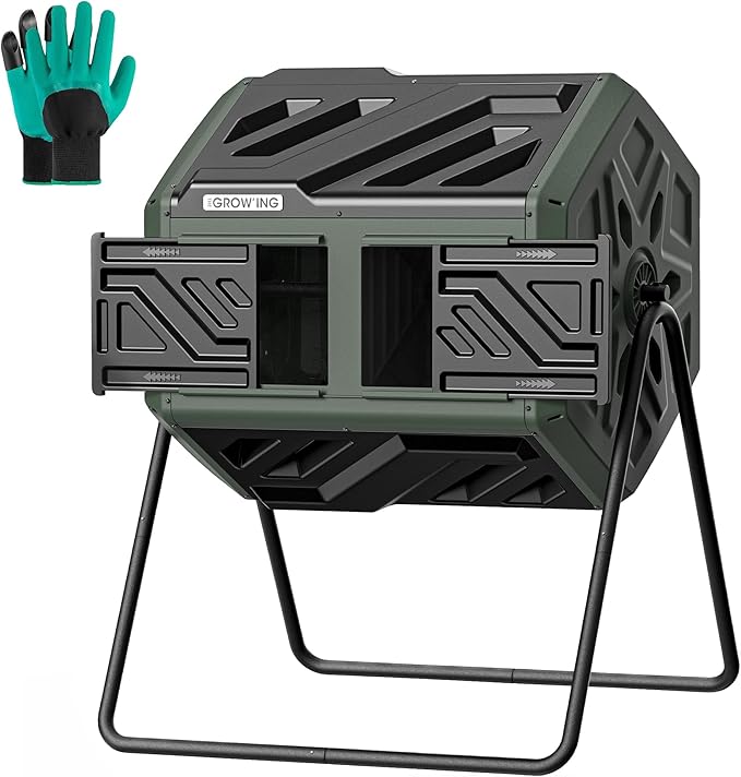 THEGROW'ING Updated 43 Gallon Compost Bin Outdoor, Fast Assemble Tumbling Composter, Dual Chamber Composter Tumbler, Rotating Compost Bin for Outside, Backyard, Garden and Yard, Green