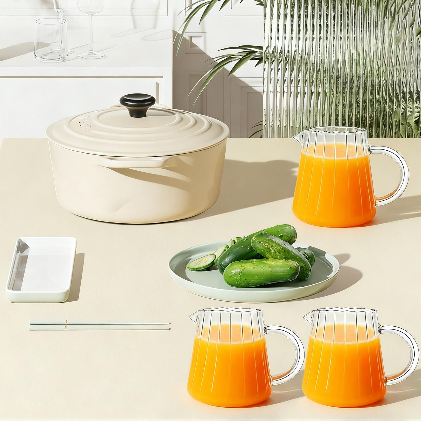 Enjamyo 2 Pcs Small Glass Creamer Pitcher With Box, 250ml Creamer Pitcher with Handle, Elegant Wave Shaped Small Glass Pitchers, Milk Frothing Pitchers, Serving Jug for Kitchen,Coffee Bar,Home