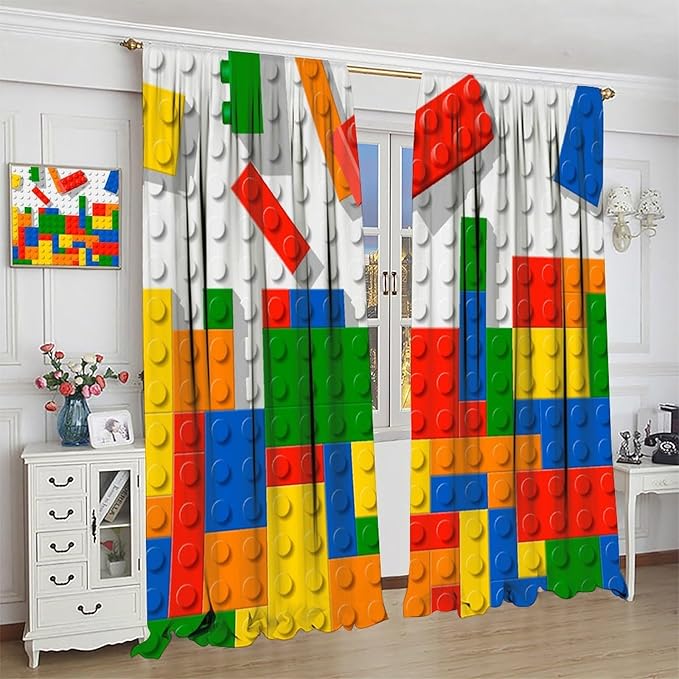 Building Blocks Toy Curtain Rod Pocket Children's Nursery Abstract Outline Colorful Plastic Toy Brick Geometric Print Pattern Curtain Boys Girls Bedroom Playroom 2 Panels 72x63in