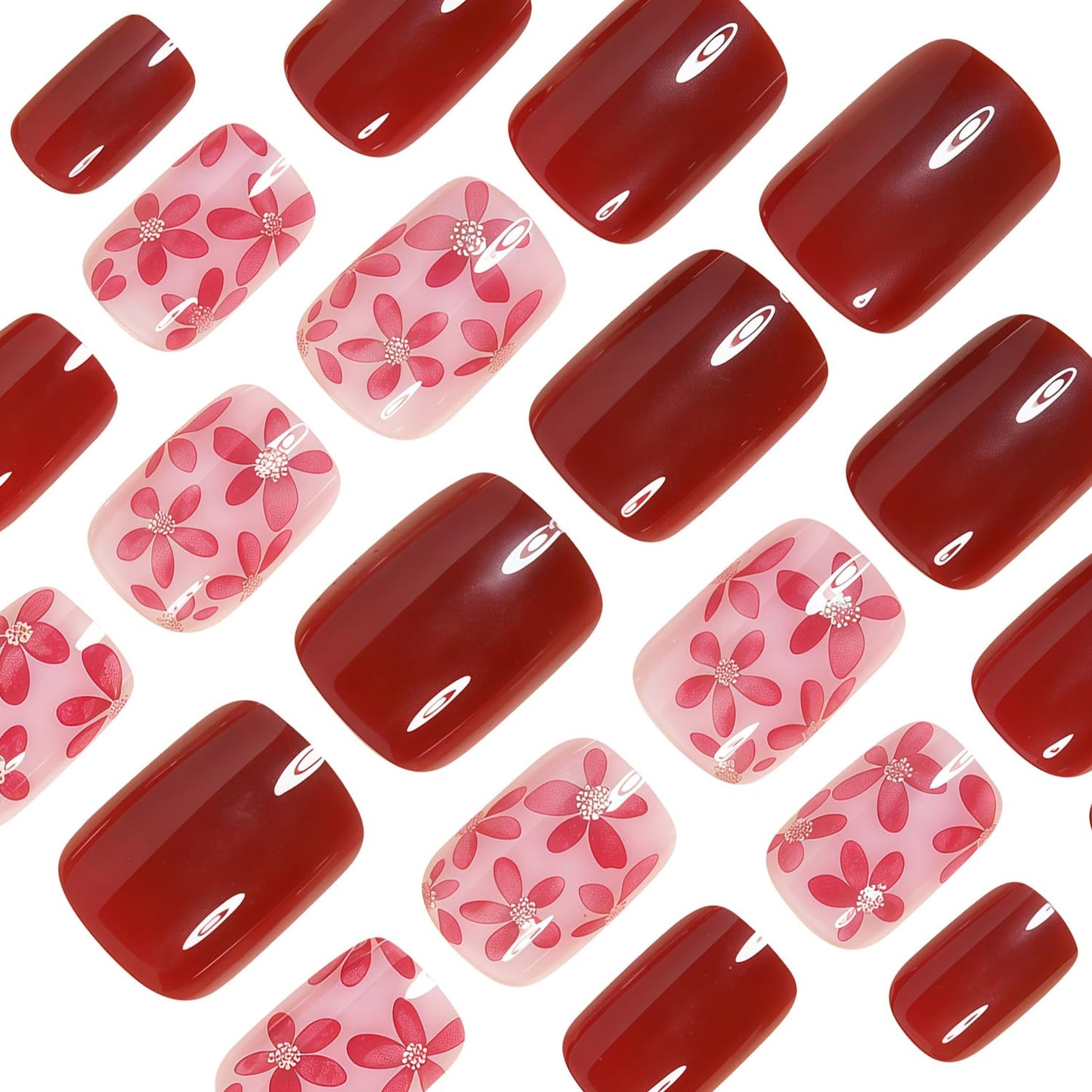 CEWEWP 24Pcs Wine Red Press on Nails Extra Short Nude Flowers Fake Nails with Glitter Flowers Design Full Cover Winter False Nail Square Shape Glue on Nails Acrylic Glossy Stick on Nail for Women
