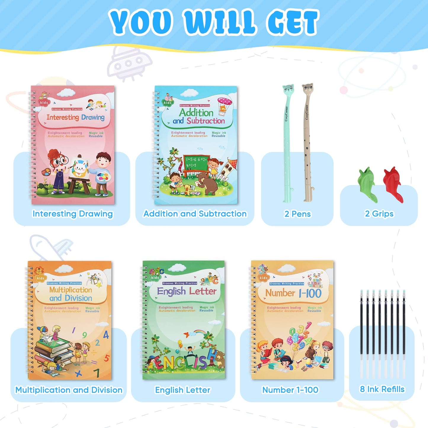 ASIGN Magic Ink Copybooks for Kids Reusable Handwriting Workbooks for Preschools Grooves Template Design and Handwriting Aid Gifts for kids (5)