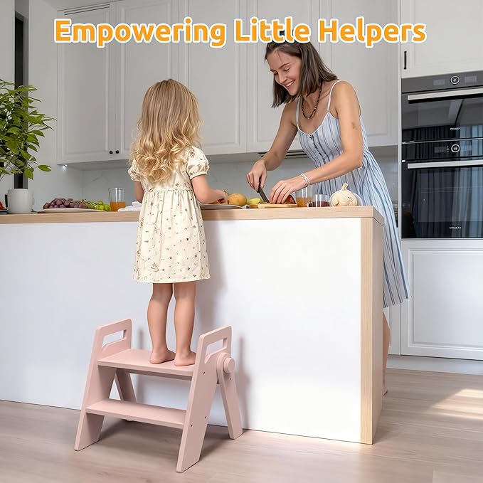 Wooden 2 Step Stool for Kids Bathroom Foldable 2-Step for Toilet Potty Training, Child Stepping Stool for Kitchen Nursery Bedroom Pink