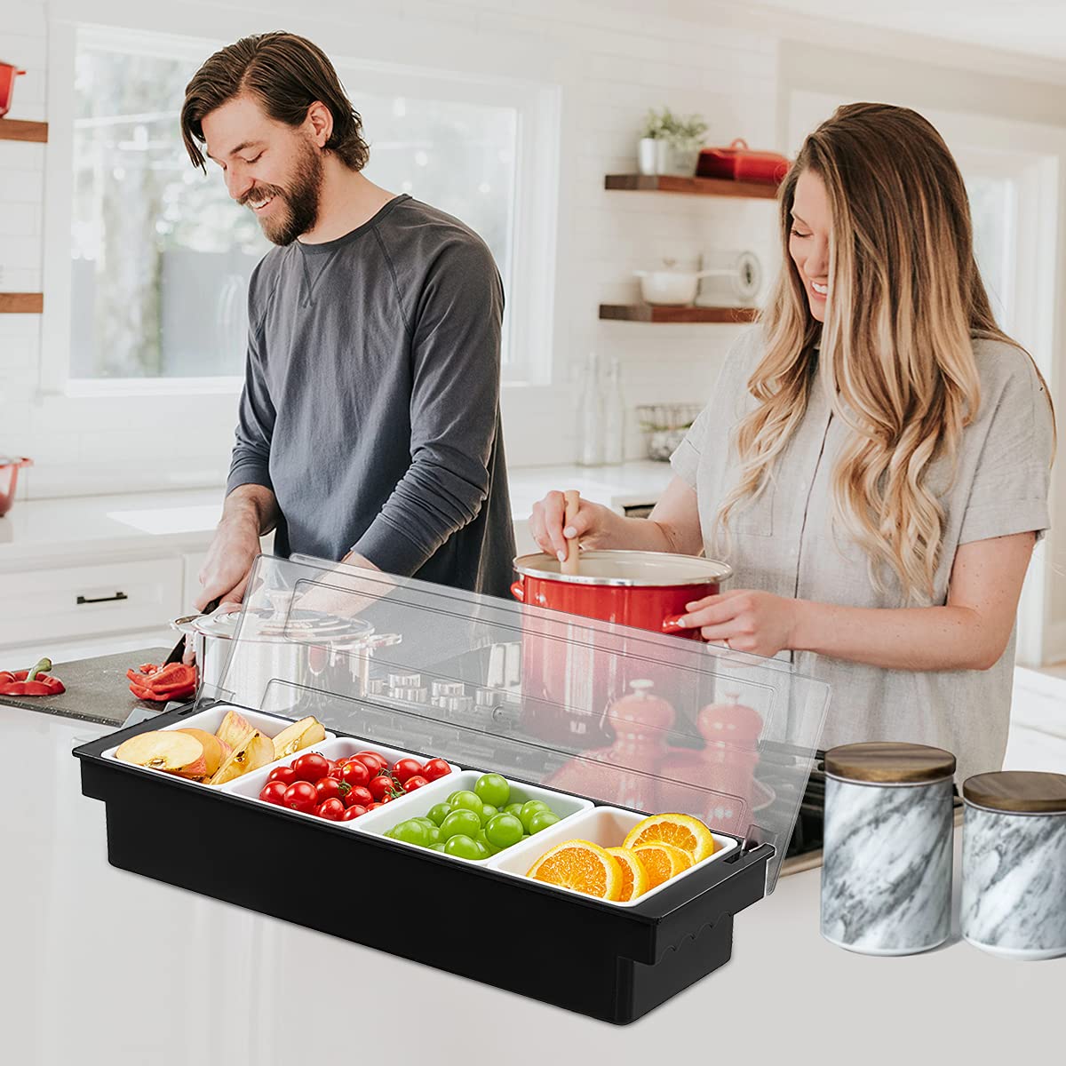 BEYLANG Ice Chilled Serving Tray Condiment Pots 6 Compartment Condiment Server Caddy (6 Compartments)
