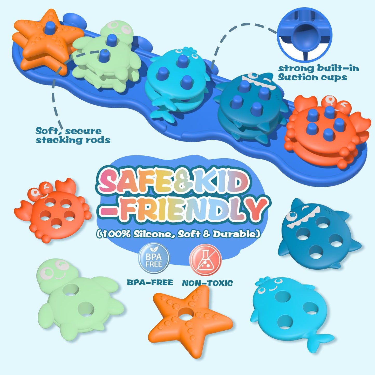 Silicone Baby Bath Toys – Stackable, Shape-Sorting Floating Set with 10 Mold-Free Textured Pieces, No-Hole Design – Early Learning Bathtub Toys for Toddlers and Kids