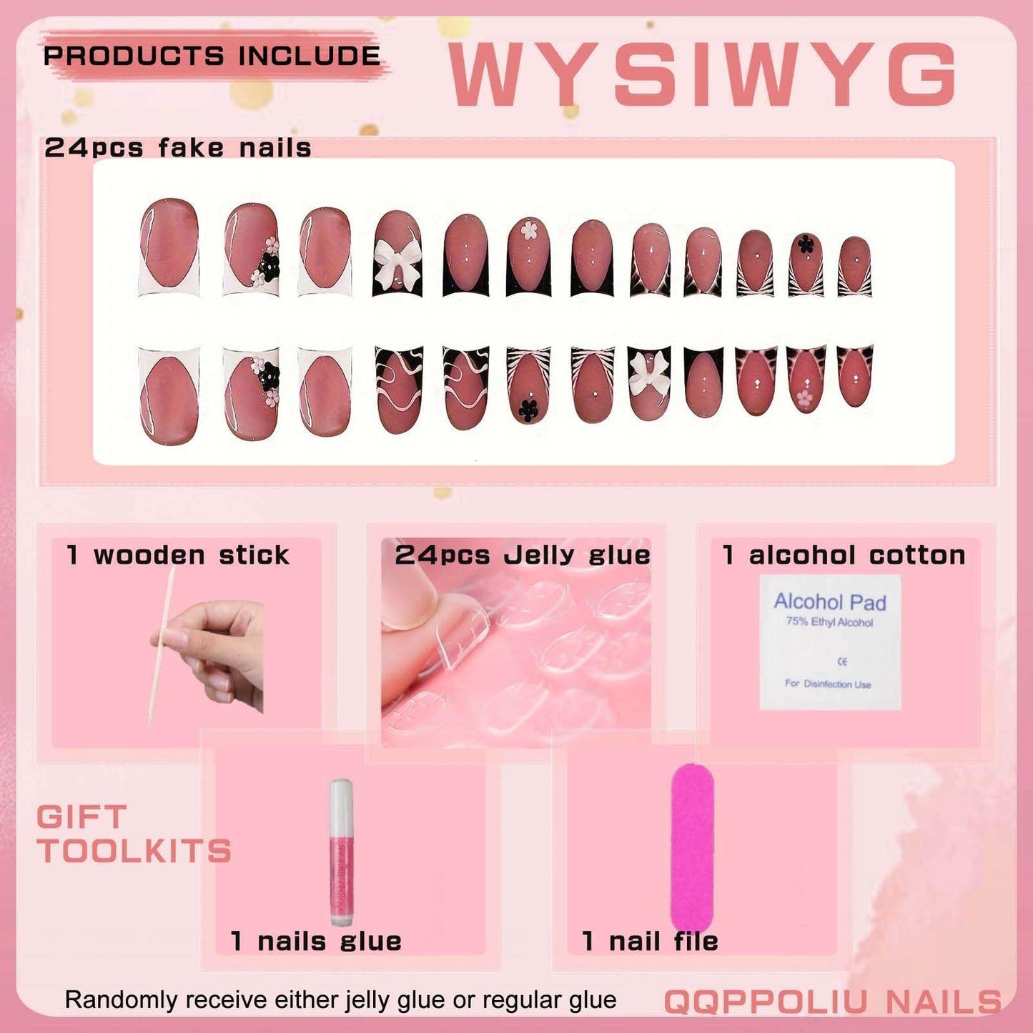 QQPPOLIU French Tip Press on Nails Short Length with Design Fake Nails Nude Glue on Nails for Women 24pcs