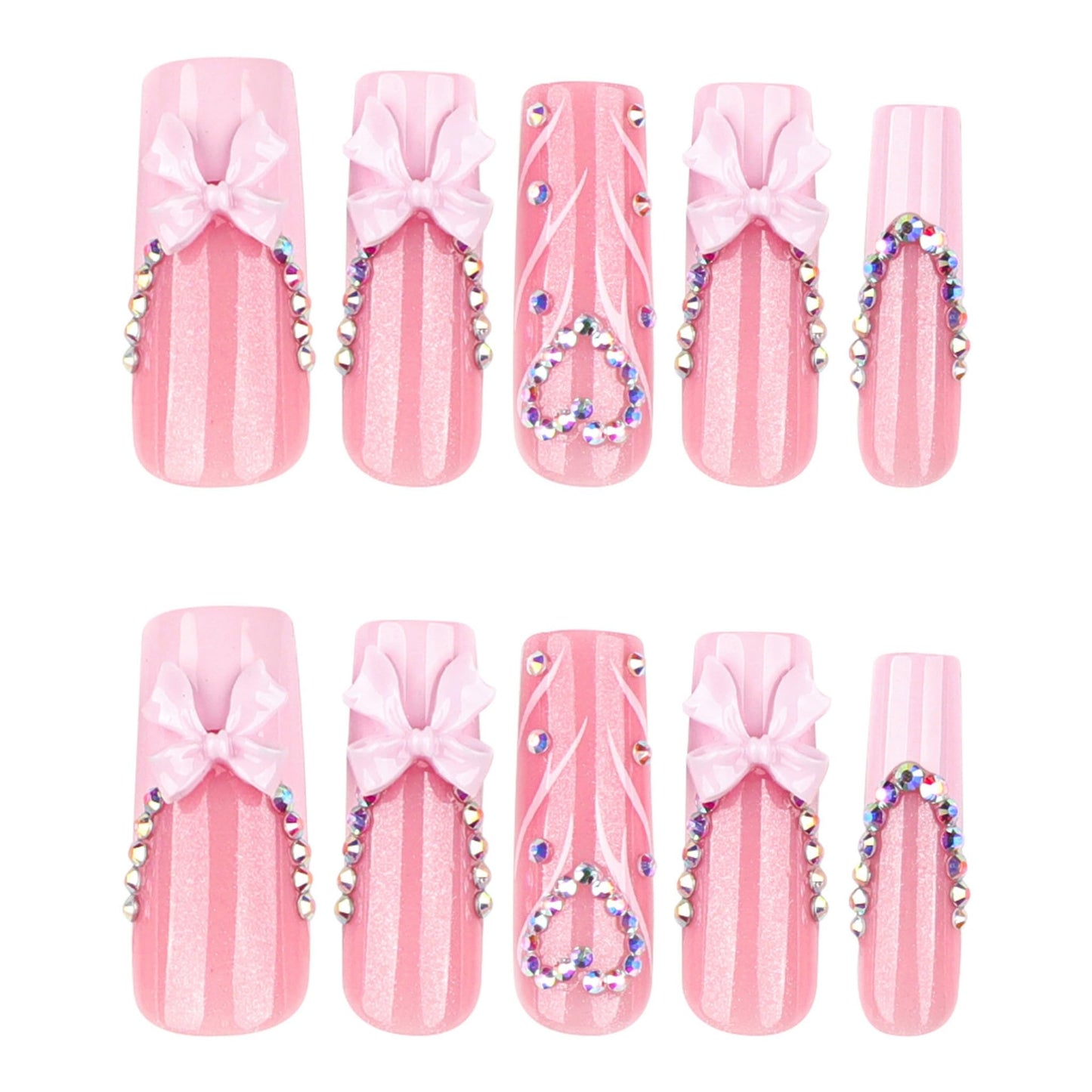 Long Press on Nails Square Fake Nails Pink Artificial Nail Seeneey Rhinestones Love Designs Bow Cute Stick on Nail for Women 24pcs