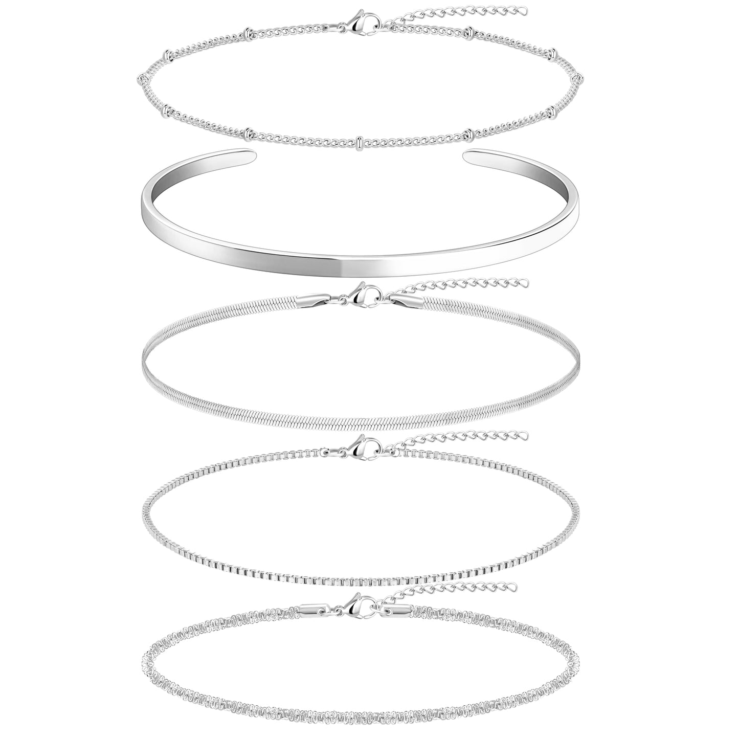 Dainty Silver Bracelets for Women, Silver Plated Stackable Thin Bracelet Set Box Link, Paperclip, Herringbone, Sparkling Chain, Bangle Cuff, Adjustable Minimalist Waterproof Jewelry Gifts for Women