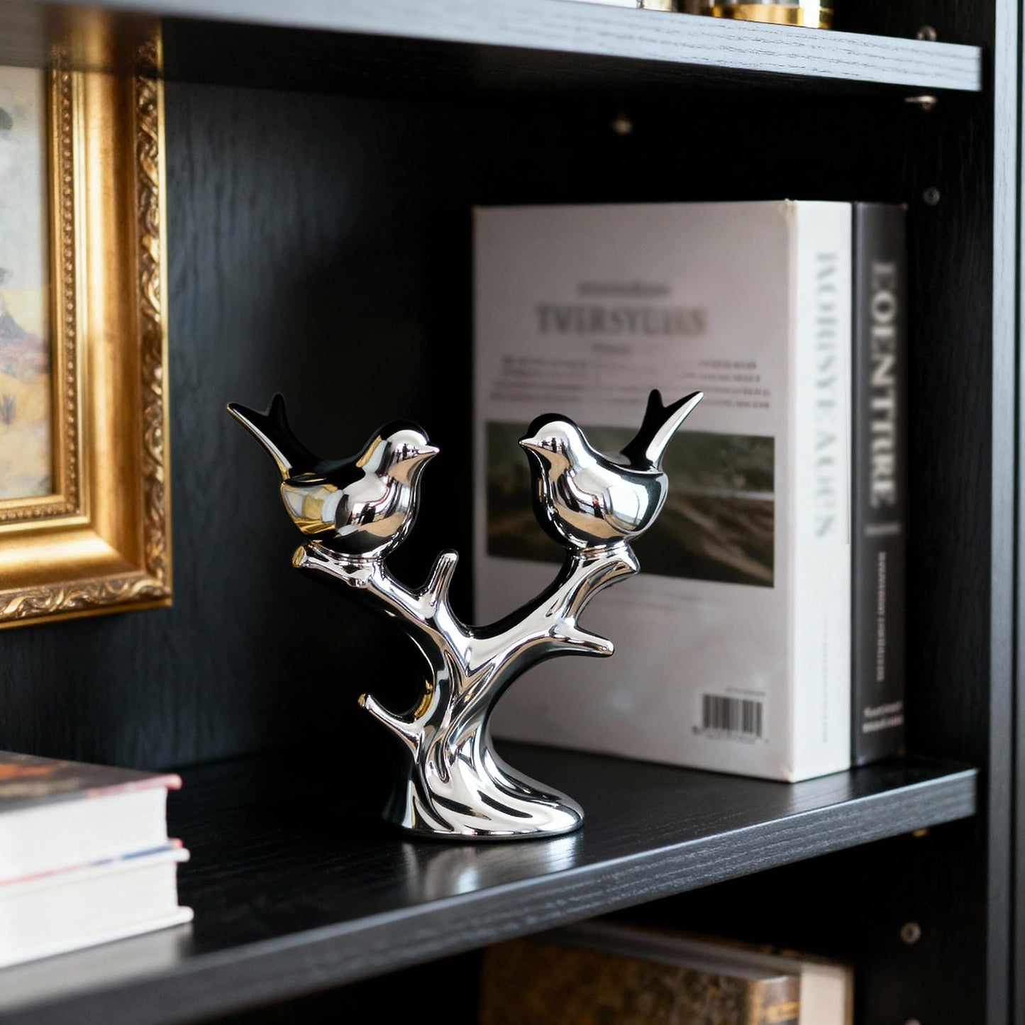Jubiluxor Silver Ceramic Bird Statue, Mirror Chrome Finish, Two Lovebirds on Branch, 7-Inch Mantel & Bookshelf Decor, Modern Home Sculpture, Housewarming Wedding