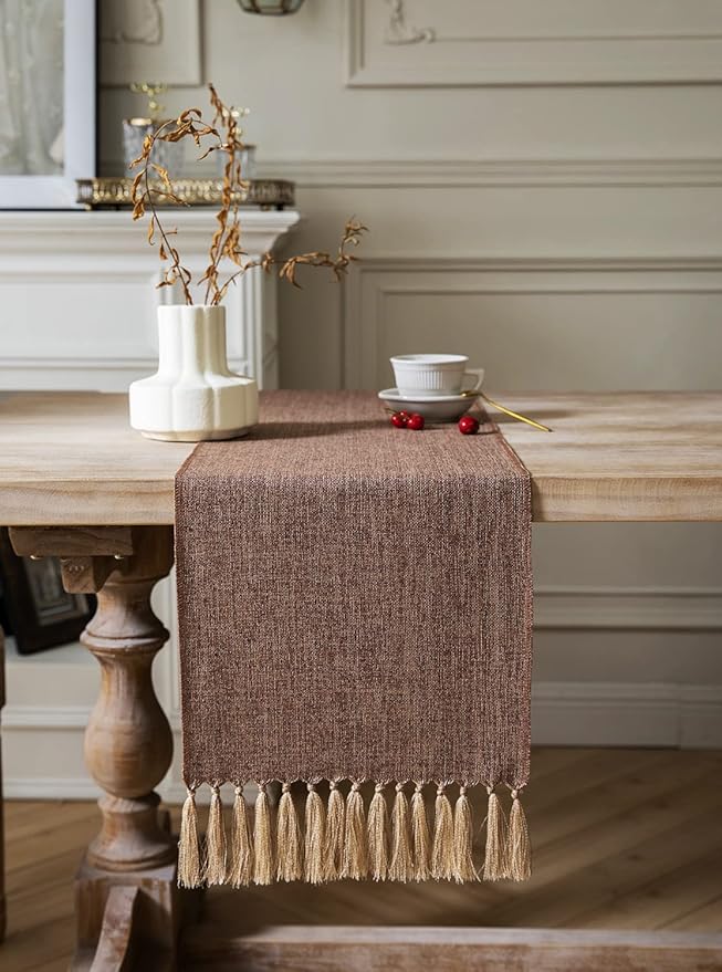 ZeeMart Brown Table Runners 48 Inches Long, Burlap Linen Style Rustic Farmhouse Table Runner, Small Short Boho Coffee Table Runner, 13x48 Inches, Brown