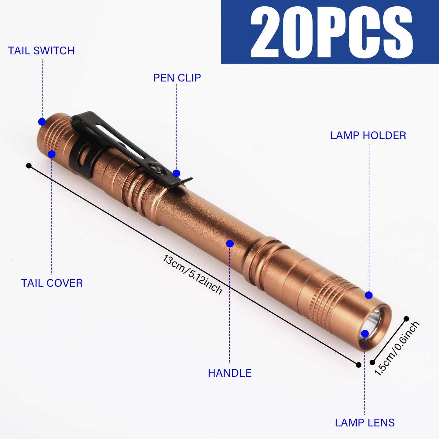 Hortsun 20 Pcs Mini Pen Light Flashlights Father Day Gifts for Men Pocket Flashlights Pen with Clip Small LED Handheld Slim Torches Without Battery(5.12 Inch,Brown)