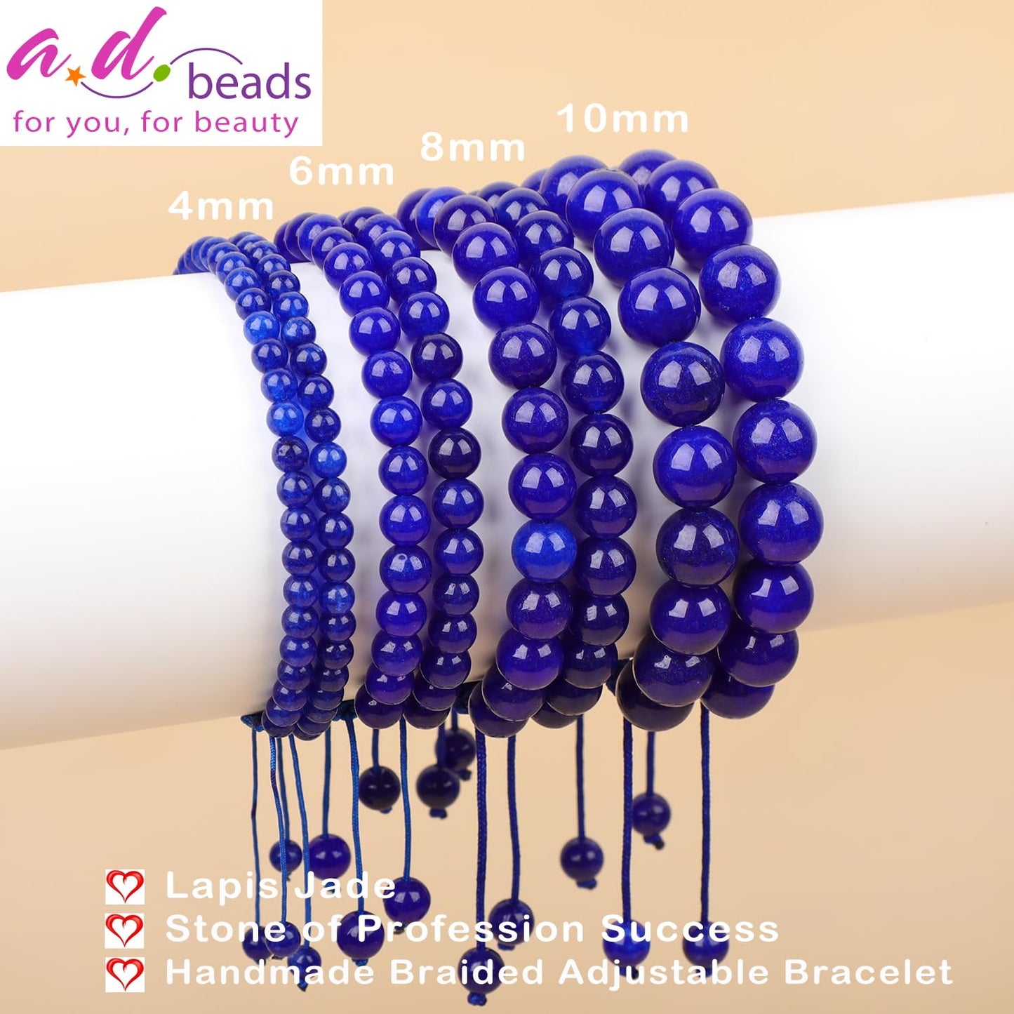 AD Beads 4mm Blue Lapis Jade - Profession Success - Handmade Natural Stone Crystal Bracelet with Adjustable Macrame String - Yoga Healing Power Energy Gifts for Men and Women