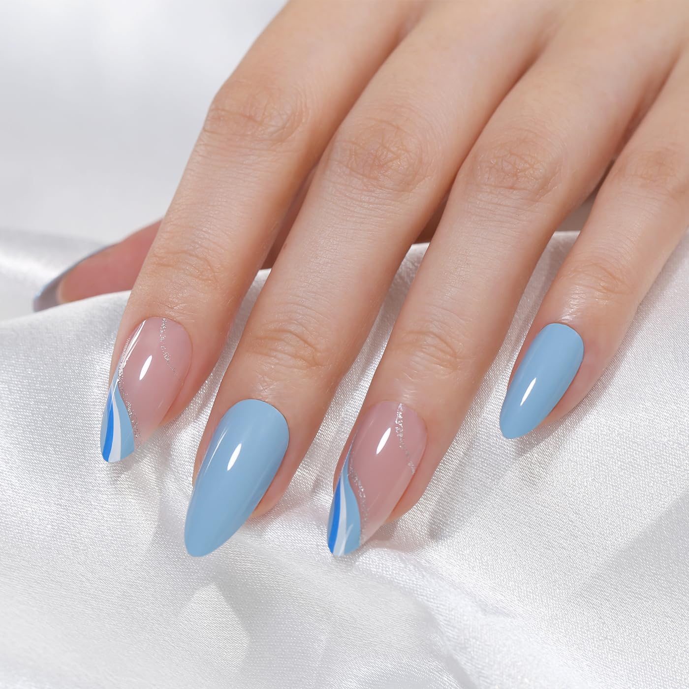 Goolich Bright Blue French Tip Press On Nails Medium Almond, Sheer Nude Pink Nails Press ons Set with Adhesive Tabs, 24 Pcs 12 Size Reusable Full Cover Glue on Nails for Women