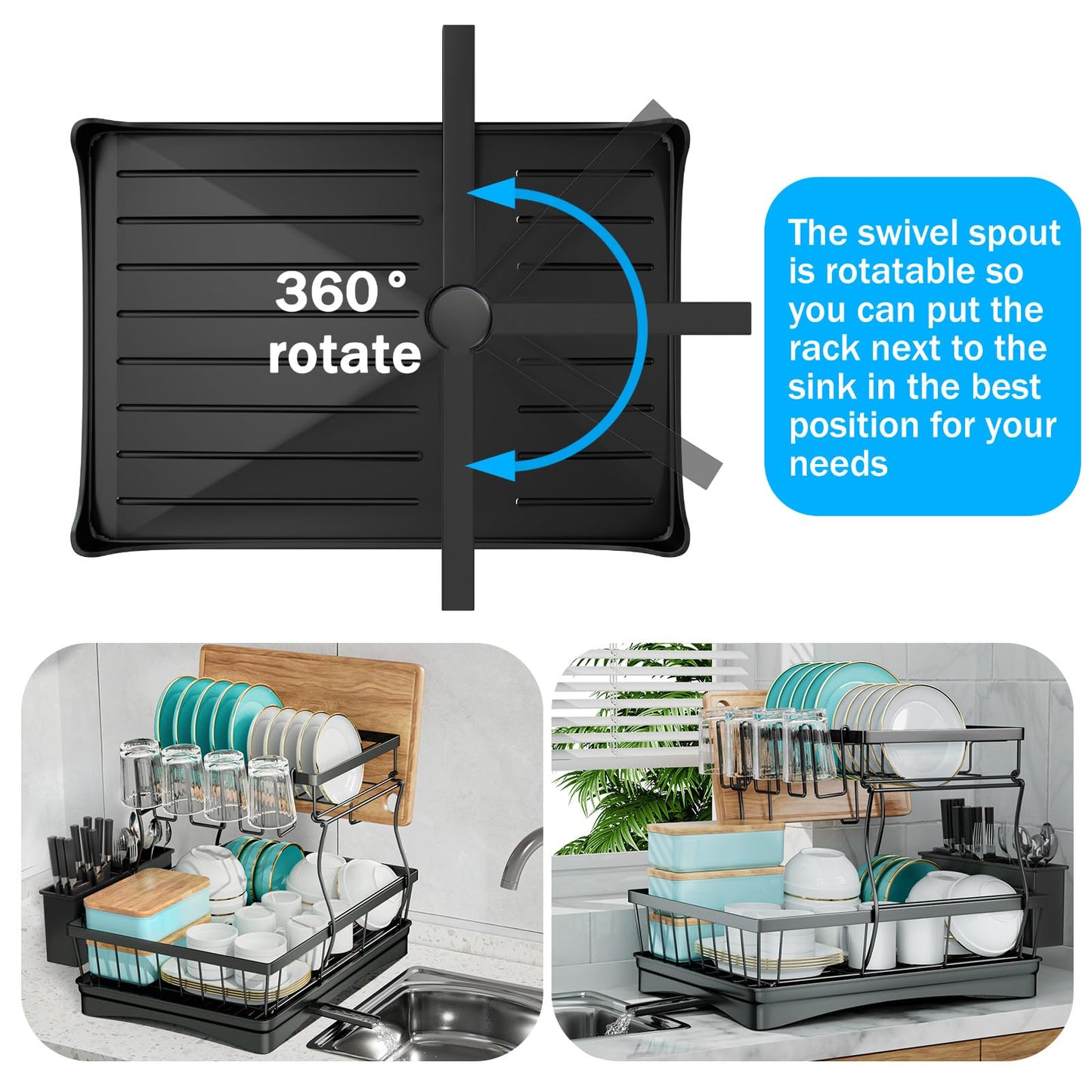7 code Large Dish Drying Rack for Kitchen Counter, Detachable Large Capacity Dish Drainer Organizer, 2-Tier Dish Racks with Utensil Holder, Black
