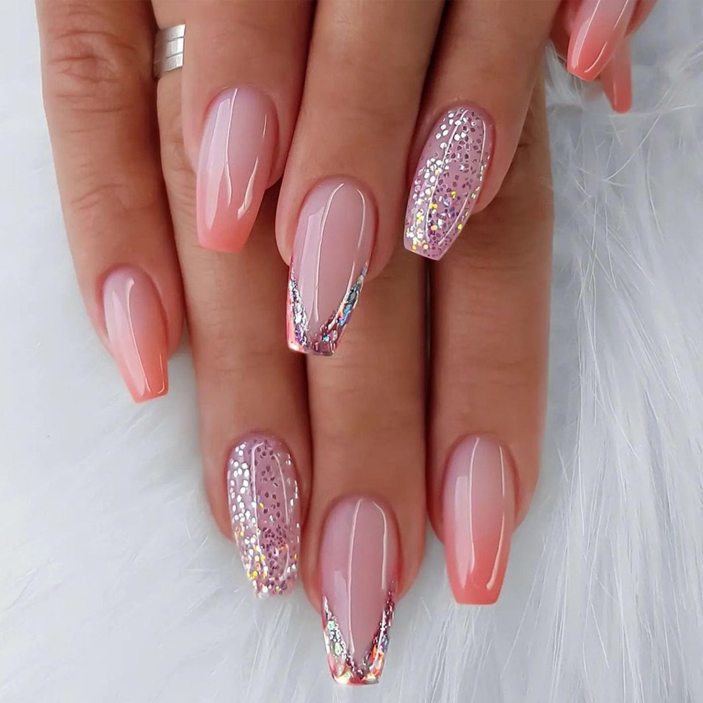 Coffin Press on Nails Medium Light Pink Fake Nails with Glue Orange Gradient Glitter Designs French Glue on Nails Medium Length Pink Full Cover Acrylic False Nails for Women 24 Pcs