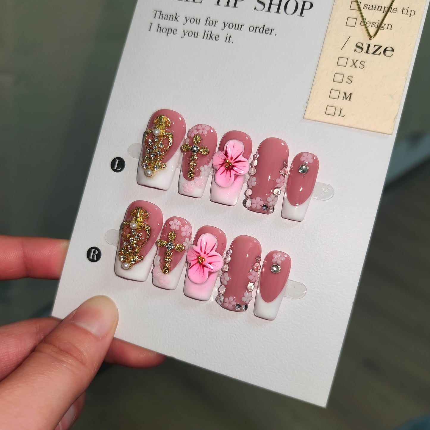 TENPAL Squoval Press on Nails Medium - White French Tips with 3D Cross & Floral Lace, Reusable & Handmade False Nails for Edgy Everyday Wear | Sweet Gothic Style(M)