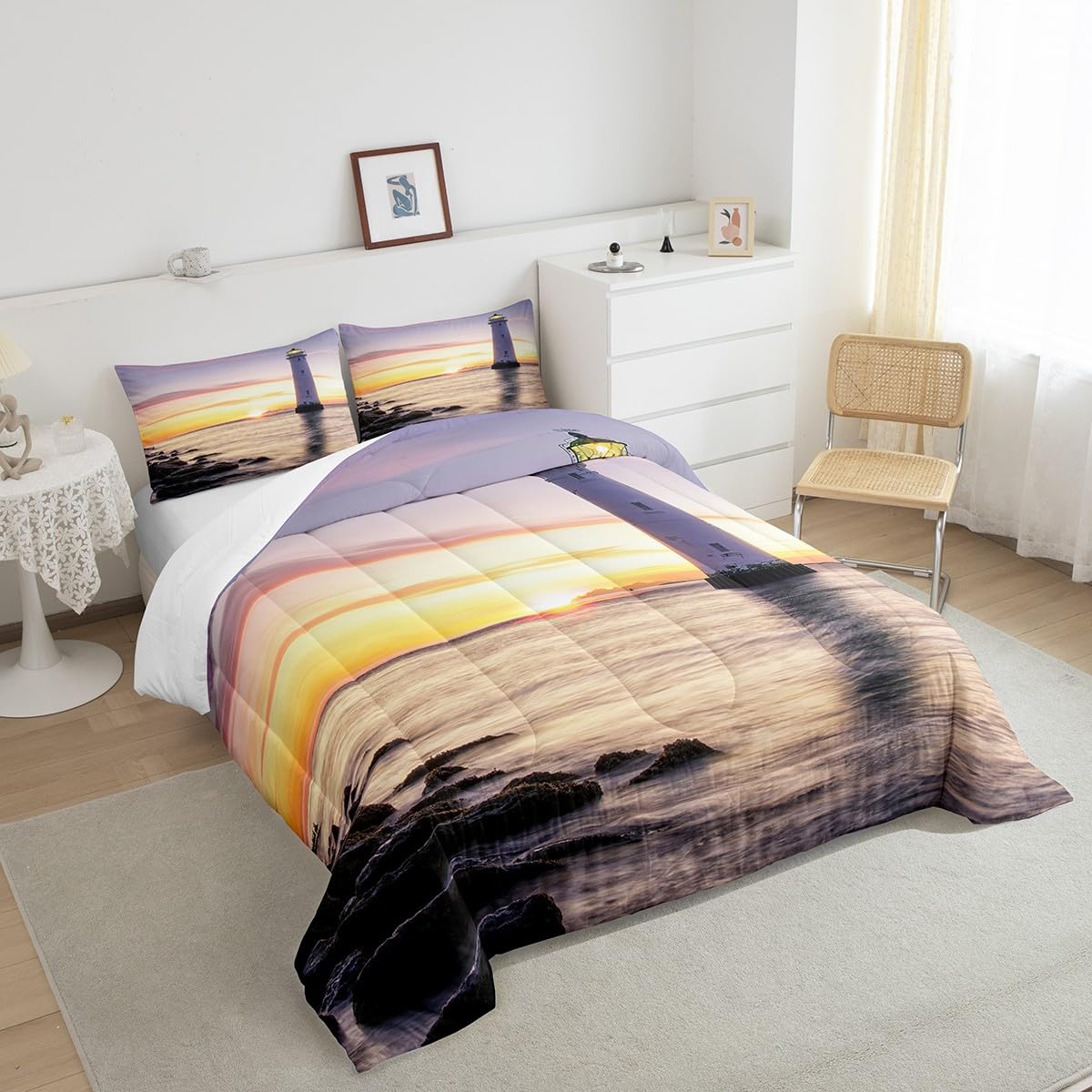 Castle Fairy White Lighthouse Comforter Set Queen Size Natural Sea Sunset Bedding Set Bedroom Decor Coastal Scenery Quilt Set Comfortable and Breathable 3D Lighthouse Duvet Insert with 2 Pillowcases
