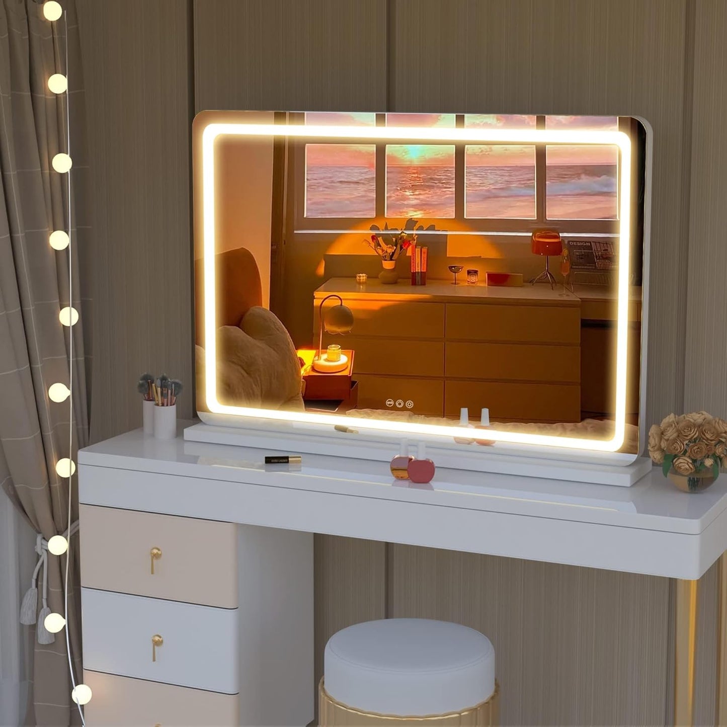 Hasipu Vanity Mirror with Lights, 31.5" x 22" LED Makeup Mirror, Lighted Makeup Mirror with Dimmable 3 Modes, Touch Screen Control Vanity Mirror Round Black