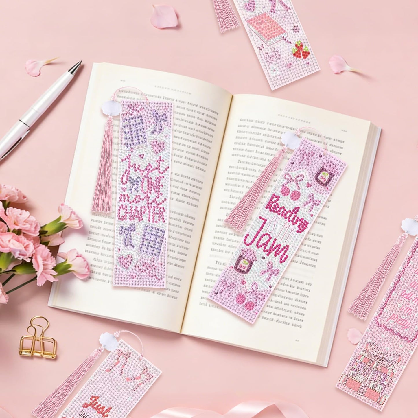 8 Pieces Christian Bible Verse Diamond Art Bookmarks 5d Christian Beaded Bookmark Acrylic Tassel Bookmark for DIY Making Beginners Kids Adults Arts Craft Supplies (Pink Bow-1)