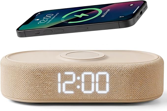 Fabric Digital Alarm Clock for Bedroom, Wireless Charging, Beige