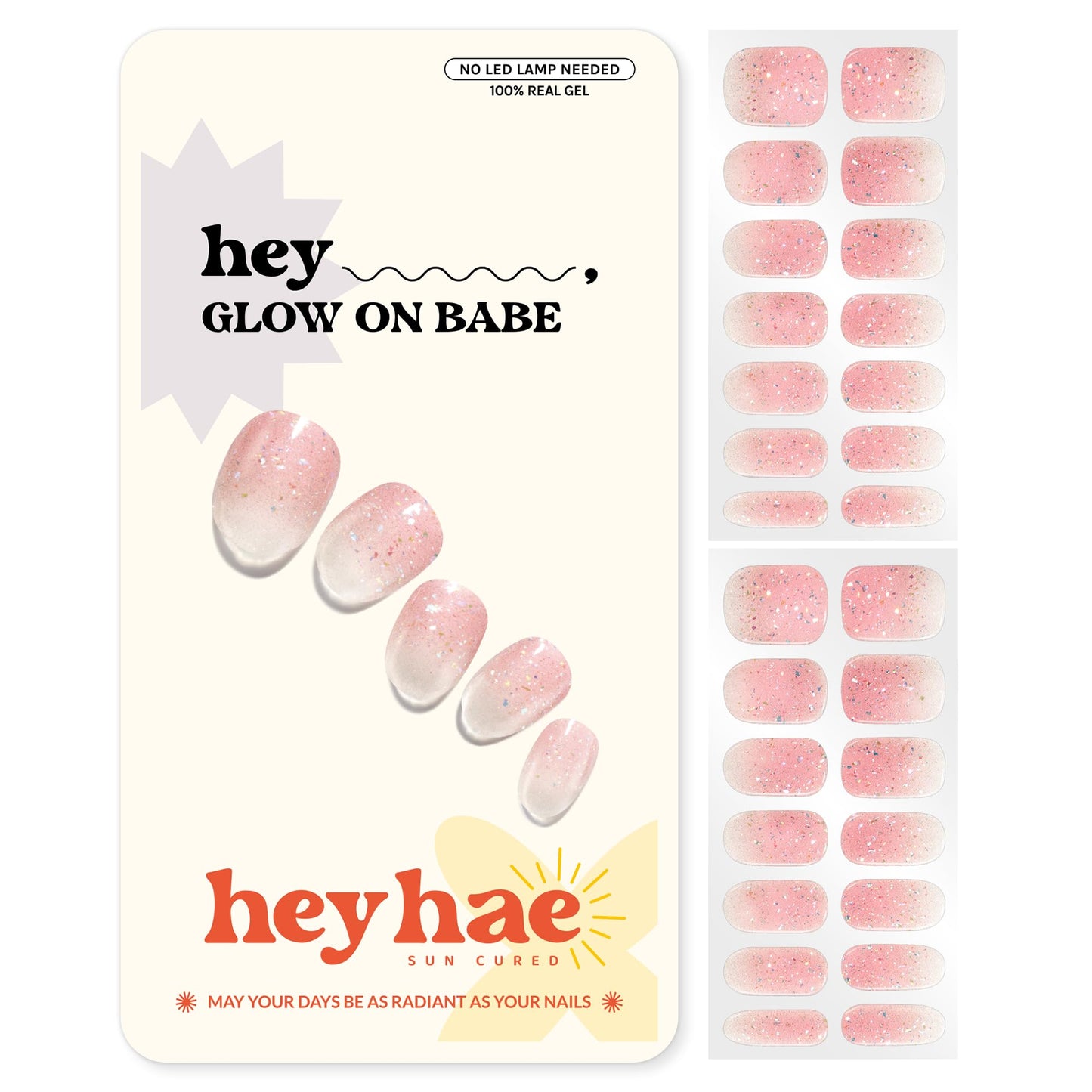 Heyhae Semi Cured Gel Nail Strips | No LED Lamp Needed | Pink, Glitter| Easy Apply & Remove, Salon Quality | Includes 28 Strips, 1 Prep Pads, Nail File & Wooden Stick - Hey, Glow On Babe