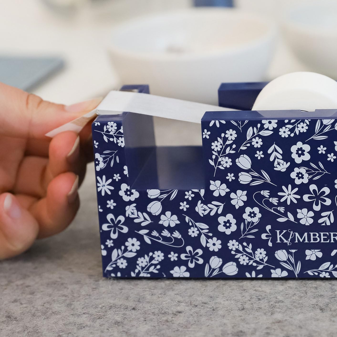 Kimberbell Navy Floral Tape Dispenser – Designed for Kimberbell Paper Tape – Stylish Floral Dispenser for Sewing and Machine Embroidery Projects – 5.375" x 3.25" x 2.25"