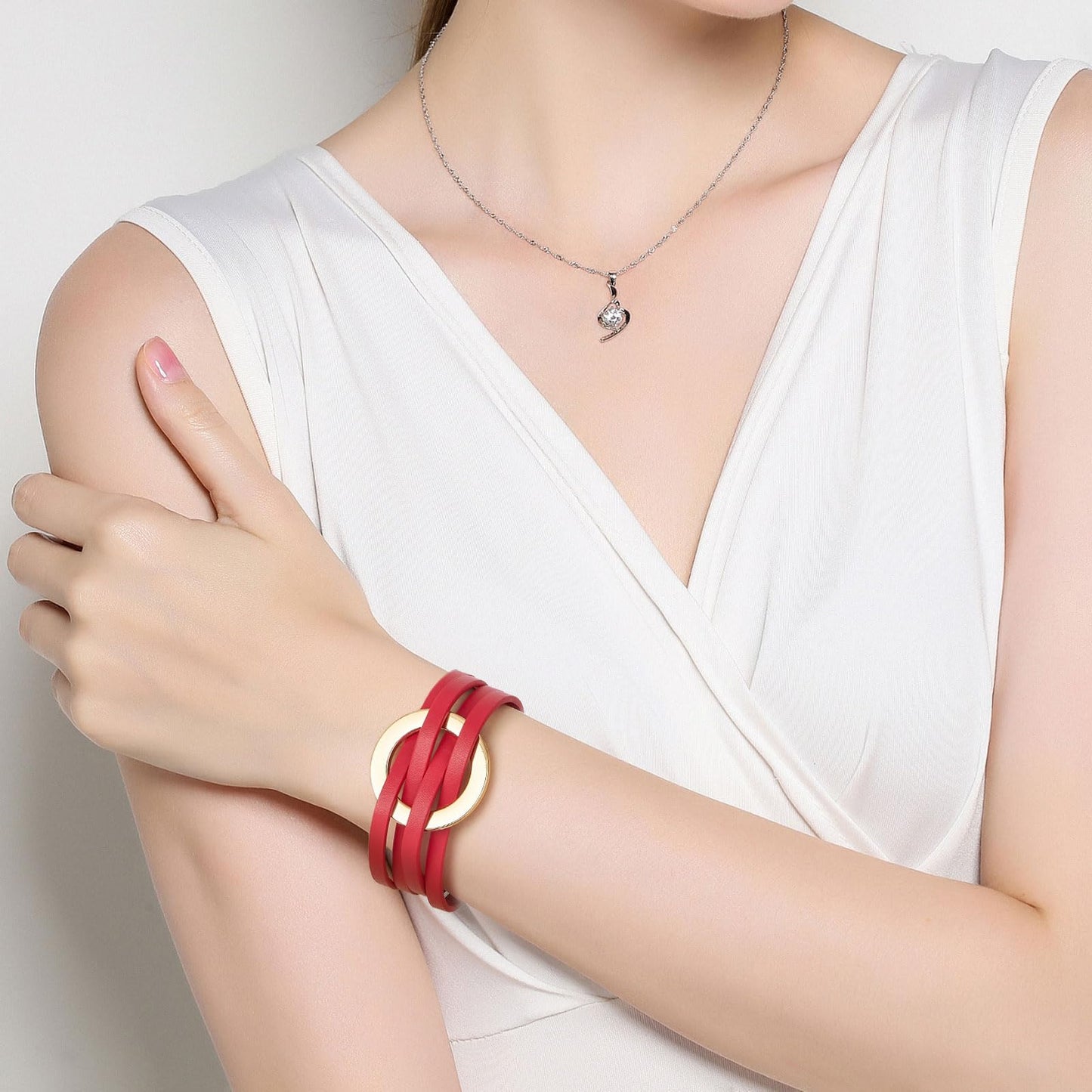 QIUTIMIY Leather Bracelets for Women Trendy Boho Cuff Bracelet Layered Bangle with Clasp Hand Wrist Jewelry Western(Style 9-Red)