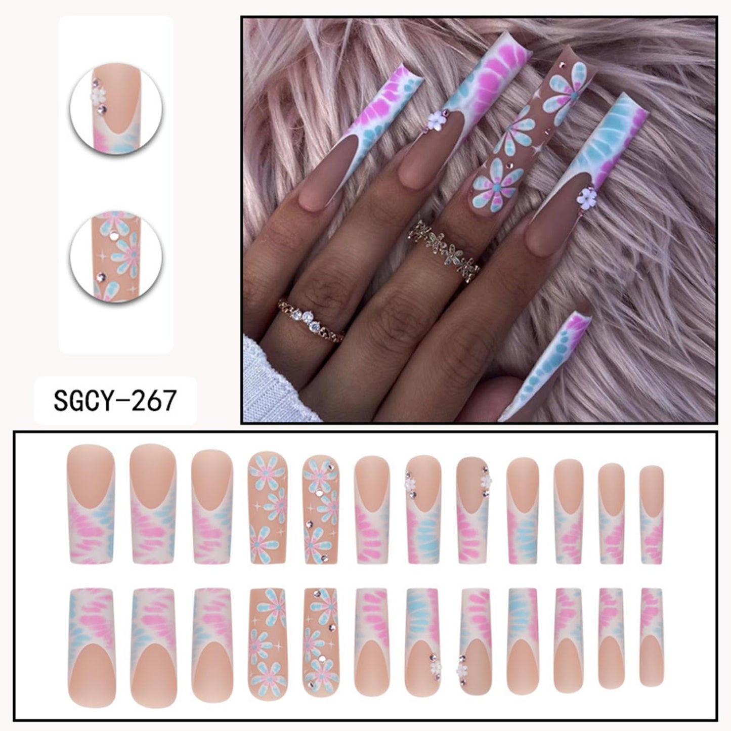 Press on Nails Extra Long - Aegenacess Square Press On Nails with Flowers and Rhinestones, Nude White Matte Fake Nails with Glue Sticker, Handmade 24 pcs Stick On Nails False Nail in 12 Sizes
