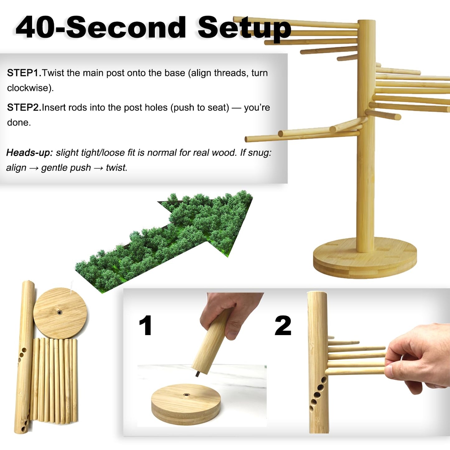 Beech Wood Pasta Drying Rack, 16 Rods – Natural Wooden Spaghetti Rack, Easy Assembly, Display-Worthy Kitchen Stand