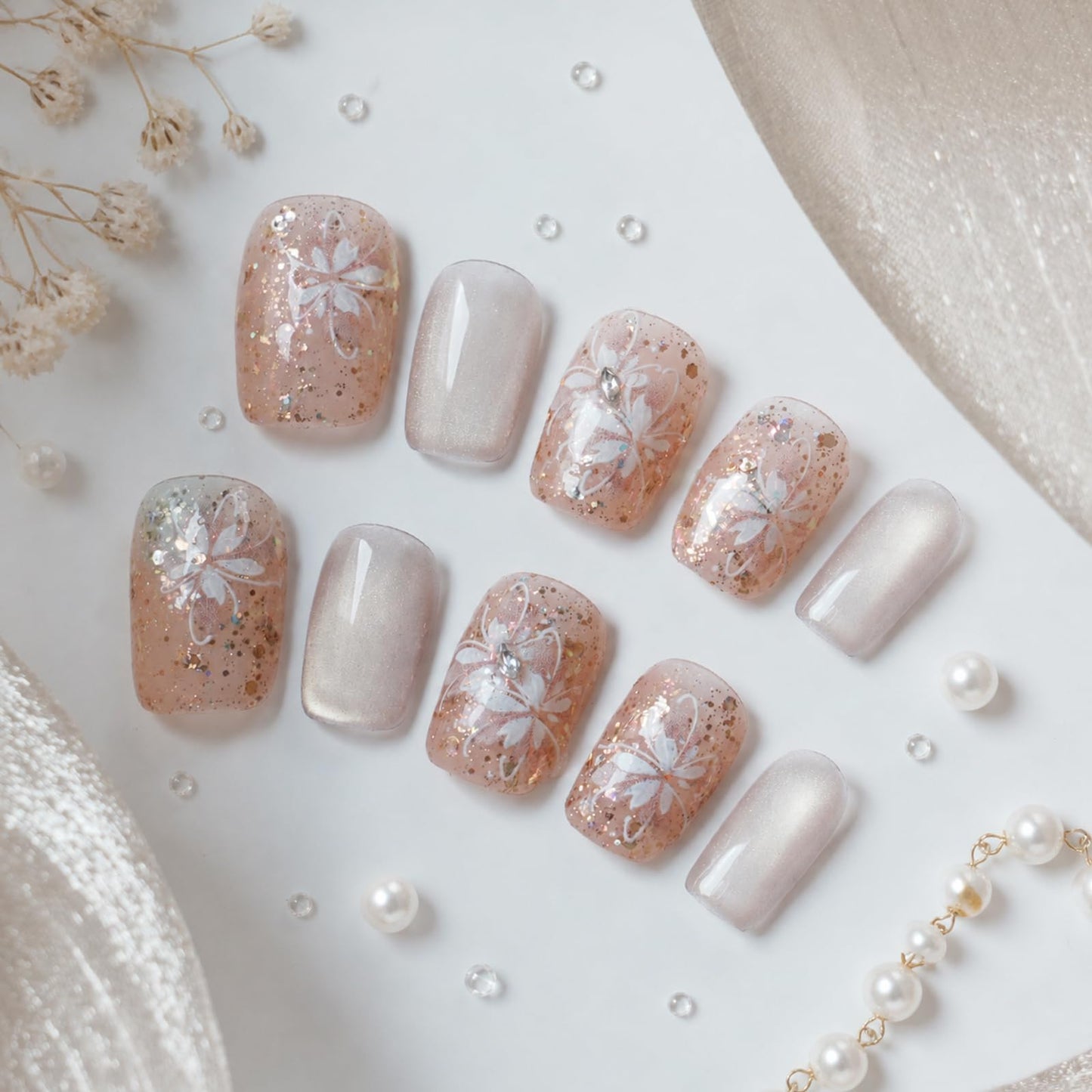 Tesytto Handmade Press on Nails Glitter Short Coffin, Nude Pink with Flower & Butterfly Pattern, Reusable Full Cover False Nails 10Pcs (Warm Glossy Dream,M)