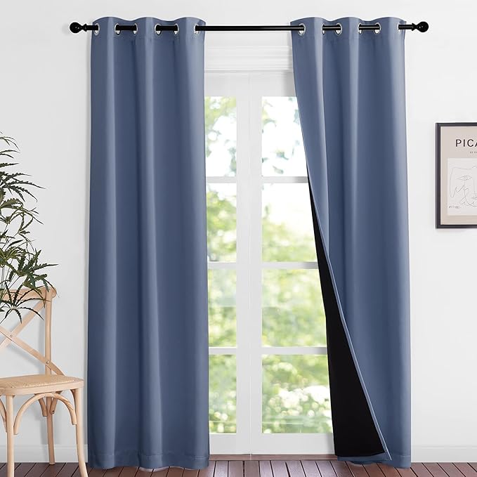 NICETOWN Full Shade Curtain Panels 84 inches Long, Pair of Energy Smart & Noise Blocking Out Blackout Drapes for Guest Room Window, Thermal Insulated Lined Window Dressing (Stone Blue, 37x84)