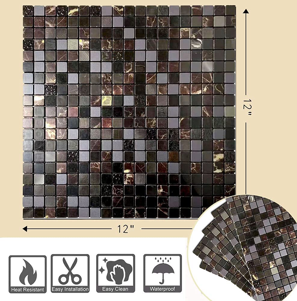XUANINY Peel and Stick Backsplash Tiles for Kitchen,Bathroom,Fireplace,Self Adhesive Metal Aluminum Mosaic (12"x12") (10, Black Mix)