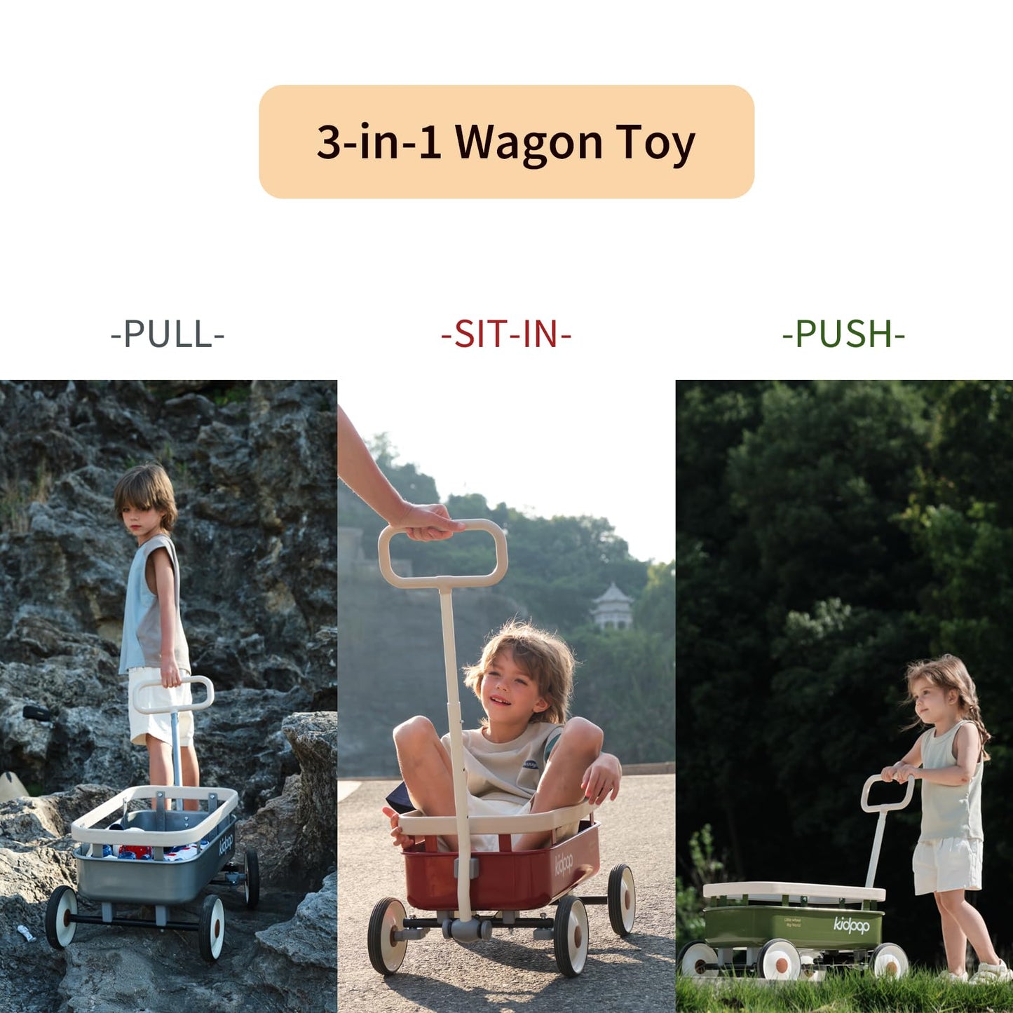 kidpop PULA-Wild 3-in-1 Kids' Pull-Along Wagon Toddlers Push Walker for 2.5-8, Removable Wooden Cover and Adjustable Handlebar, Birthday Gifts Max Weight 33 lbs (Green)
