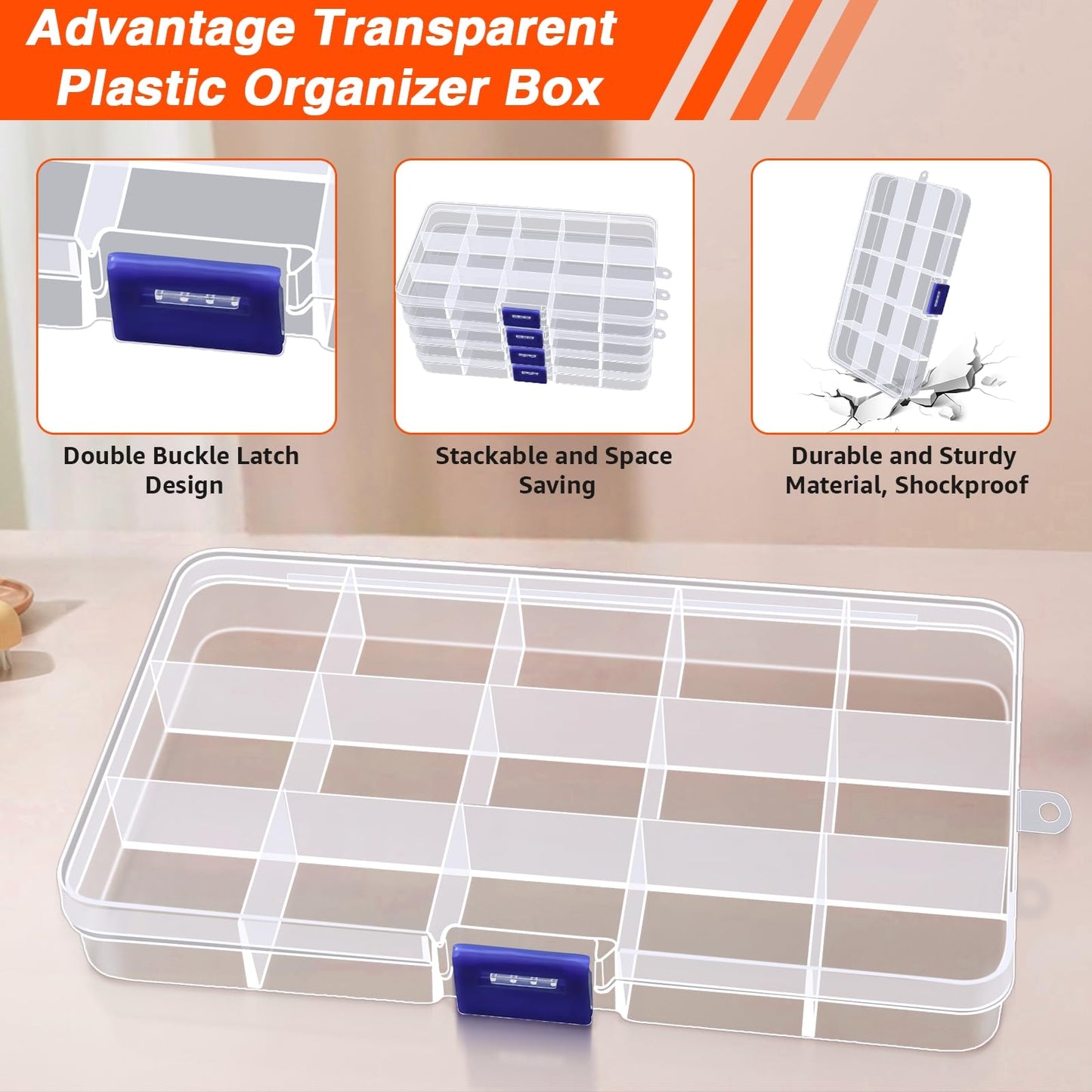 Vlammende 5-Pack 15 Grids Bead Organizer,Plastic Organizer Storage Box Clear Fishing Tackle Box,Diamond Jewelry Craft Painting Storage Case for Jewelry,Beads,Tools