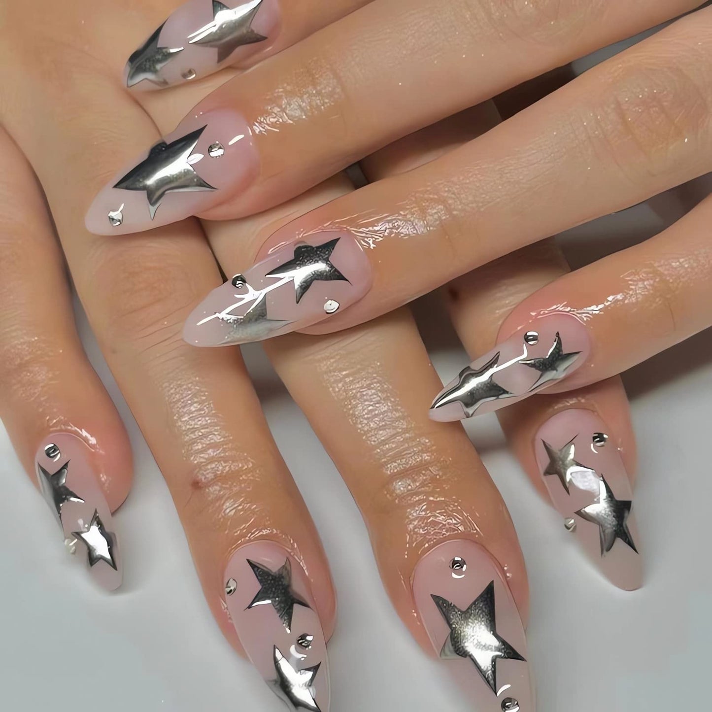 IMSOHOT Medium Almond Stiletto Press on Nails, Nude Silver Star Glossy Acrylic Nails for Women, 24PCS