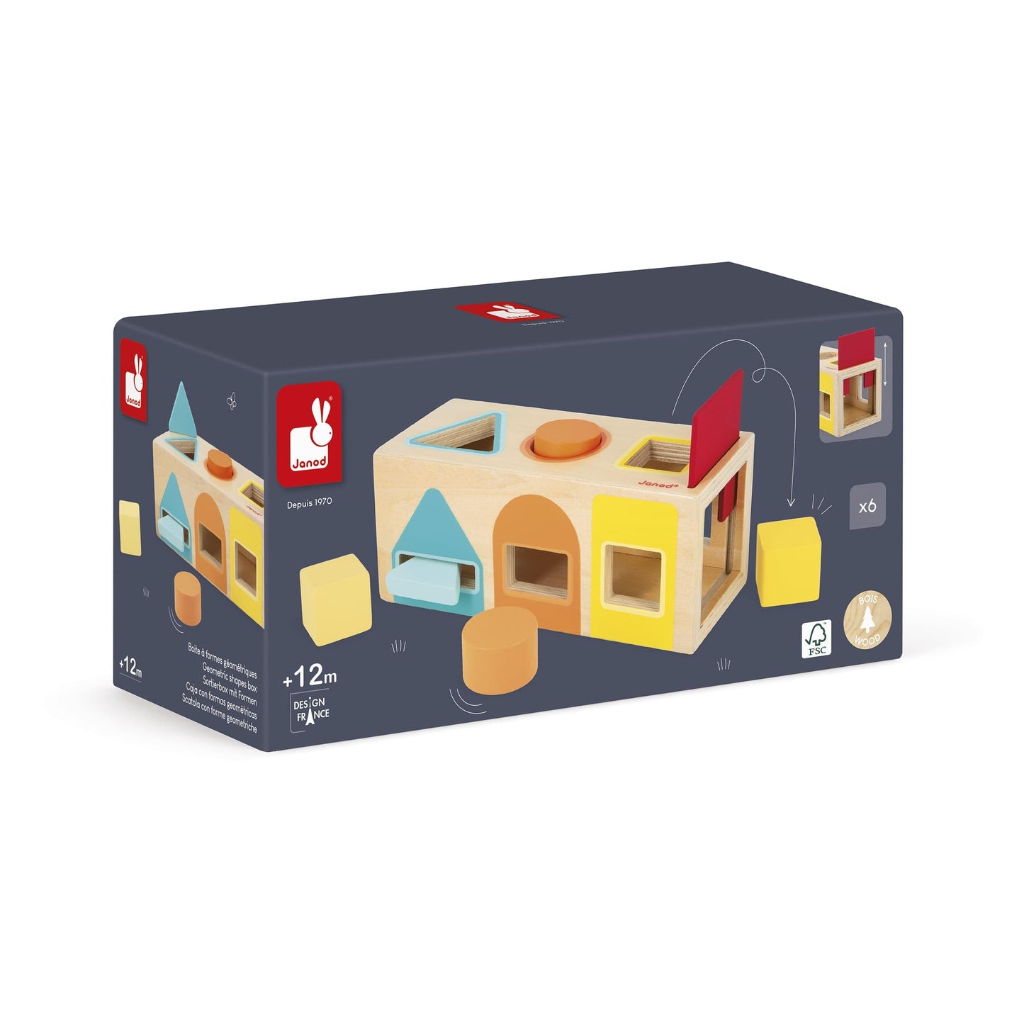Janod Geometric Shapes 6 pc Wooden Sorting Box - Ages 12+ Months to 3 Years - J05330
