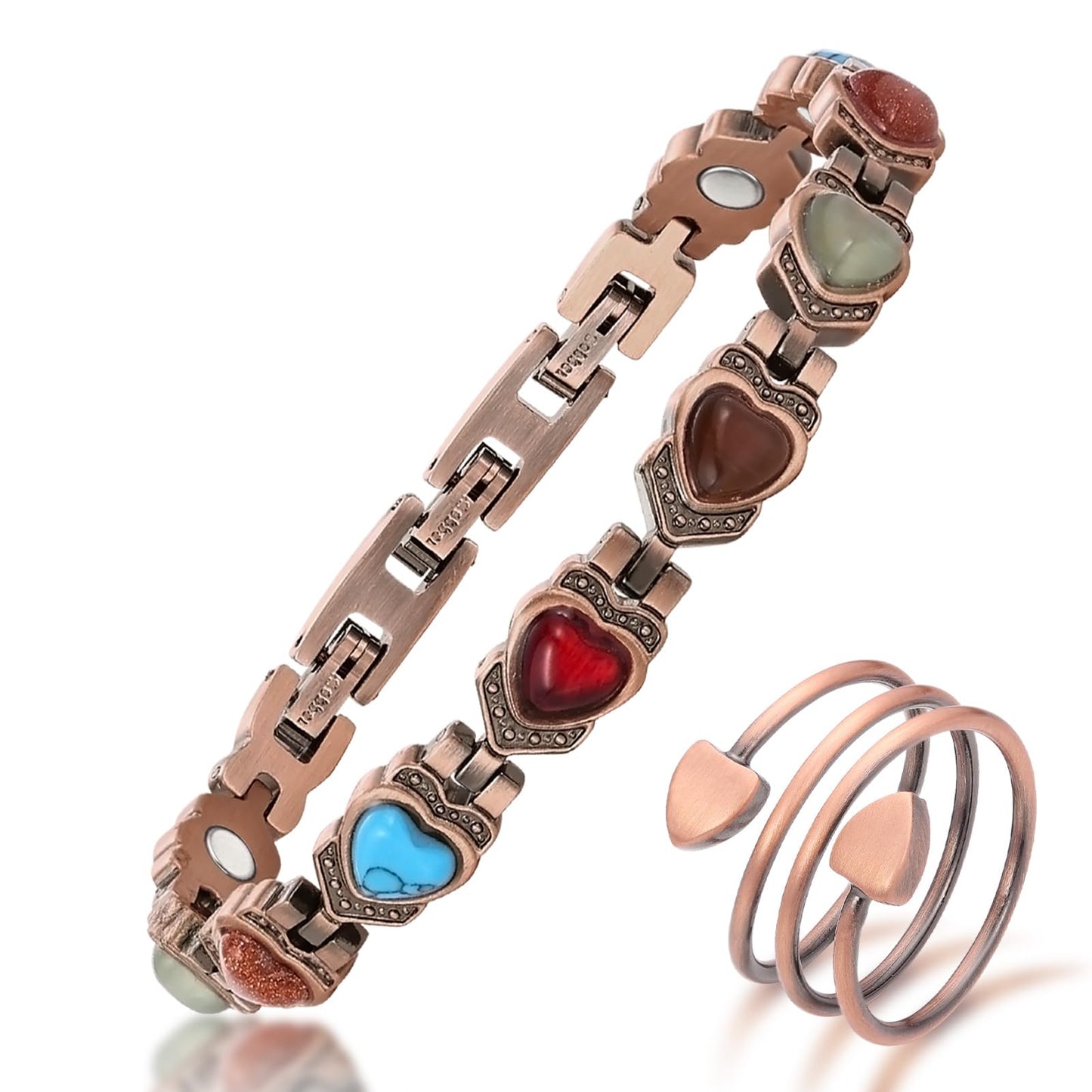 MagEnergy Copper Bracelet for Women, 99.99% Pure Solid Copper Bracelet with 3500 Gauss Magnetic, Adjustable, Jewelry Gift (Copper-Heart+Ring/B)