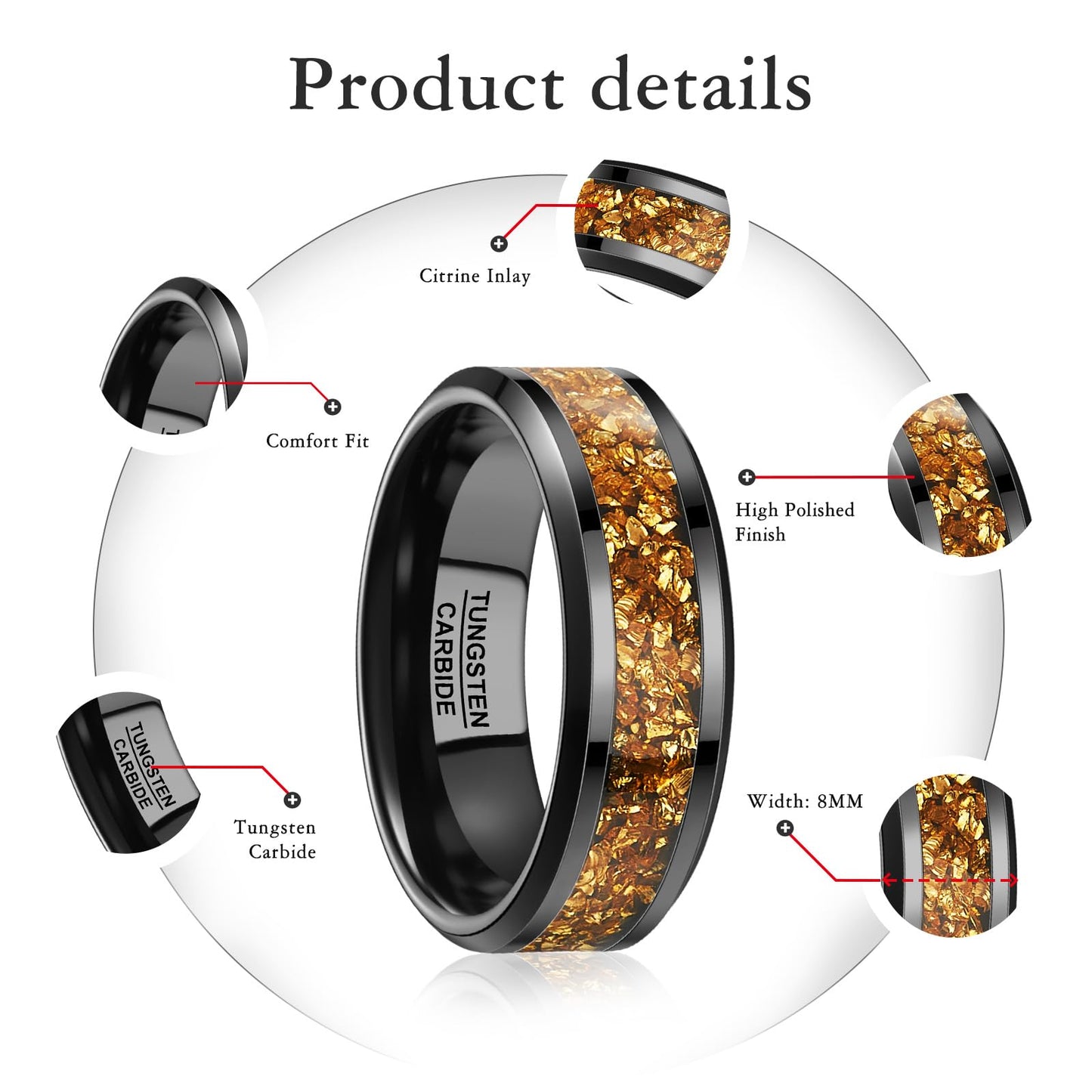 NUNCAD Men's Tungsten Rings 8mm Black Wedding Band Inlaid with Citrine Center Polished Domed Comfort Fit Size 11
