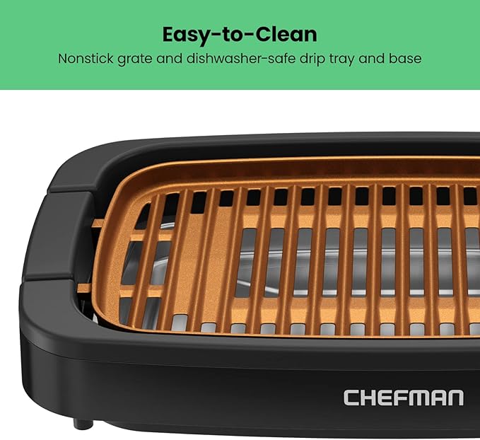 Chefman Smokeless Indoor Electric Grill, Copper, Extra Large, Nonstick Table Top Grill for Indoor Grilling and BBQ with Adjustable Temperature Control, Nonstick Dishwasher-Safe Parts, 9" x 15"