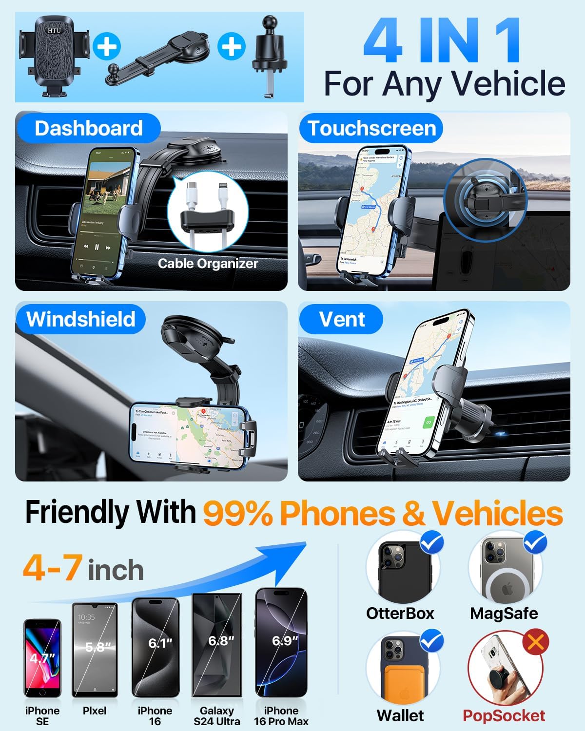 HTU Upgraded Strongest Suction Car Phone Holder Bendable Arm, Never Block View Rotatable Cellphone Mount for Dashboard Windshield Vent, Cradle Stand for iPhone 16 15 14 13 12 Pro Max (Black)