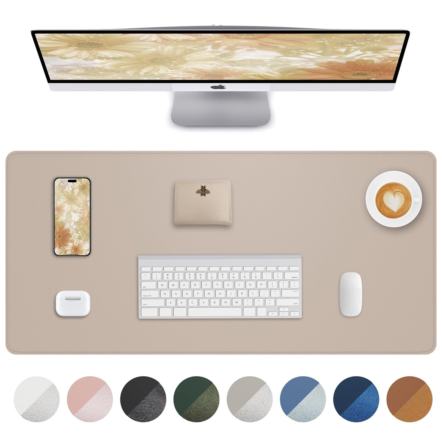 Leather Desk Protector, Large Mouse Pad, Non-Slip, Waterproof PU Leather Blotter Mat, Desk Cover for Office and Home (Beige, 36" x 17")