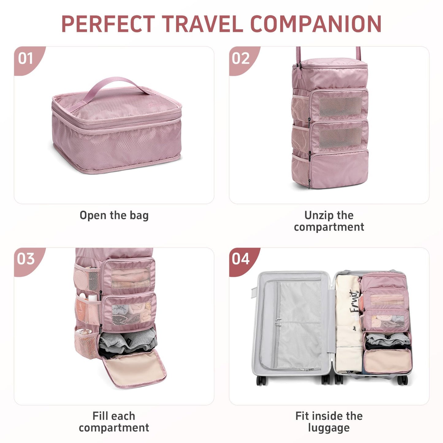 GOLF QUALITY Multi-layer storage bag Casual simple Luggage Packing Organizer with Hook,Clothing Underwear Bag,Carry On Closet,Purple pink