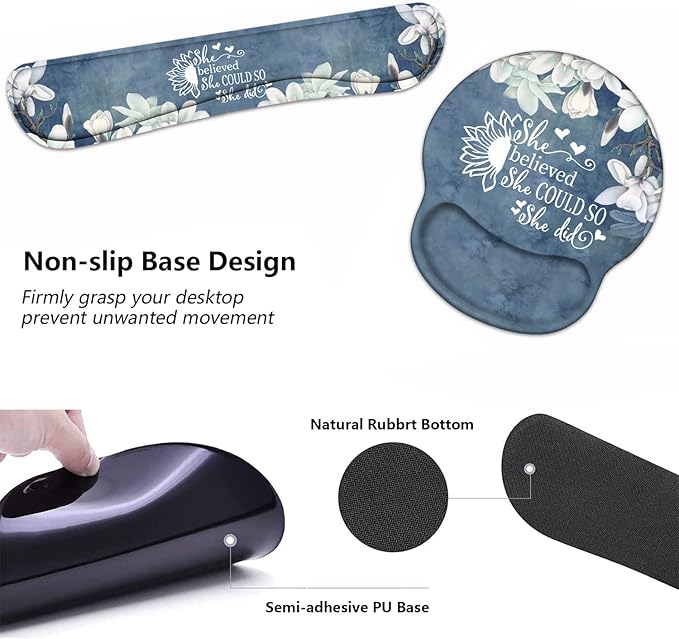 Keyboard Wrist Rest and Mouse Pad Wrist Support Set with Coasters, Inspirational Quote She Believed She Could So She Did Wrist Support Mouse Pad with Non-Slip PU Base for Computer Laptop Home Office