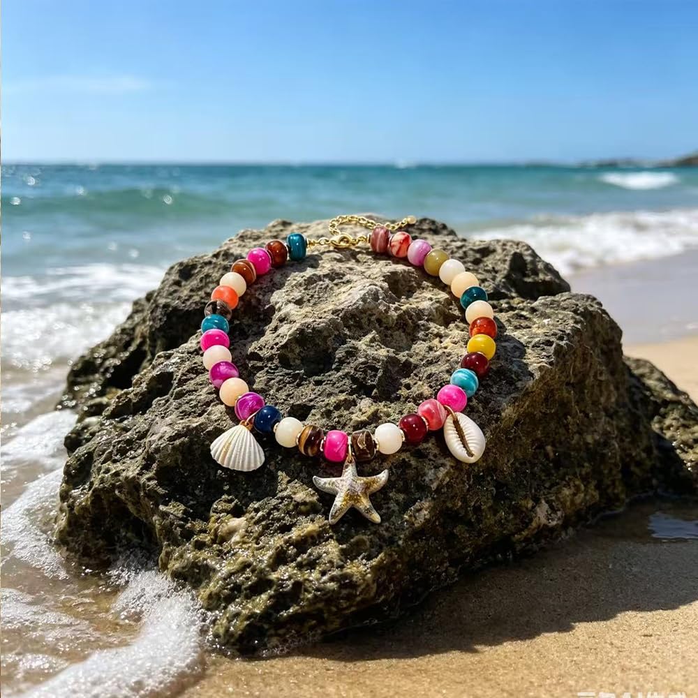 ROYNRAU Chunky Colorful Beaded Necklace for Women-Unique Resin Beads Starfish Shell Charms Pendant Choker Necklaces Boho Statement Summer Vacation Beach Jewelry (Starfish)