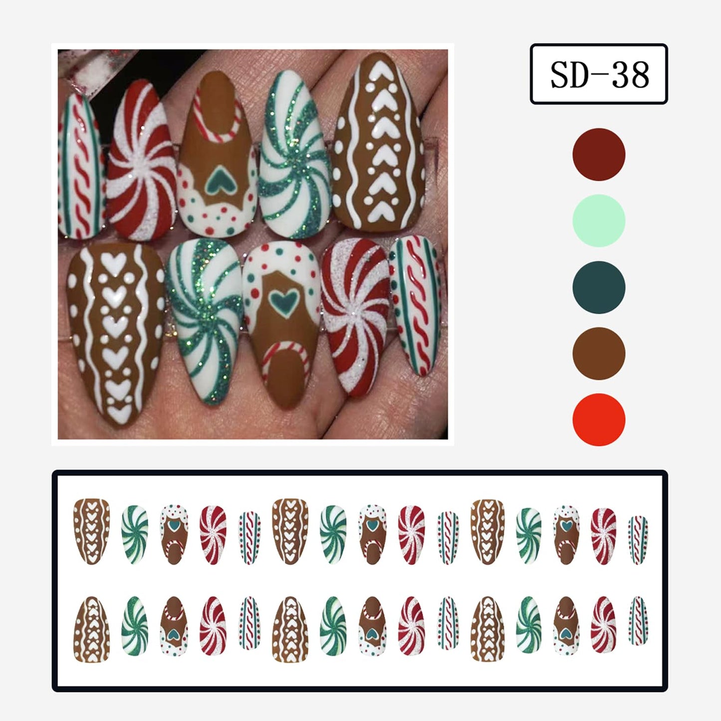 30Pcs Christmas Press on Nails Medium Almond Fake Nails Christmas Red and Green Spiral Heart Pattern Brown Striped Press on Xmas False Nails Handmade Stick on Nails for Women DIY